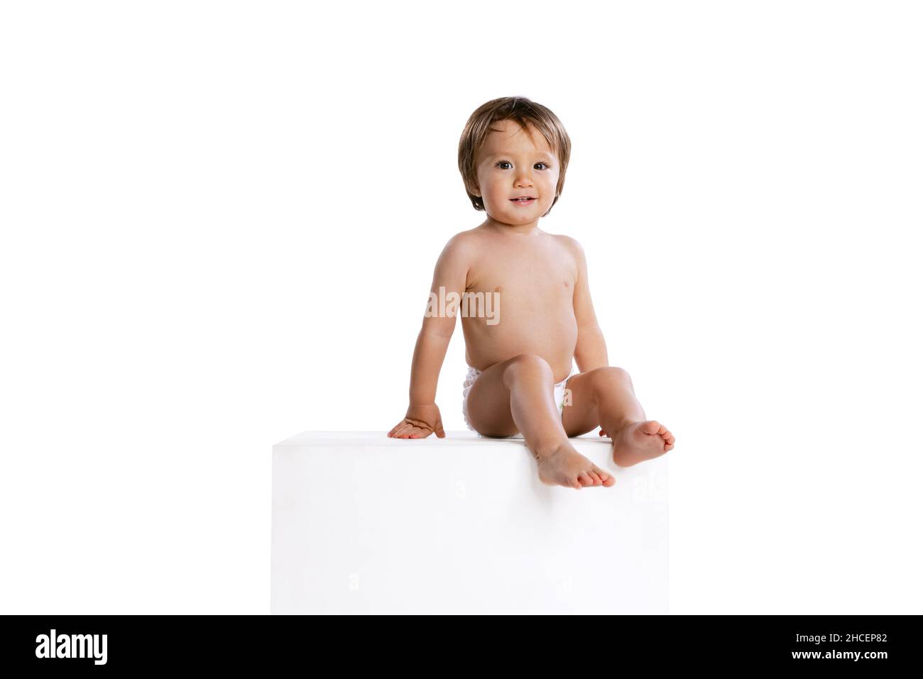 Shy Cute Baby Boy in Diapers Stock Photo - Image of studio