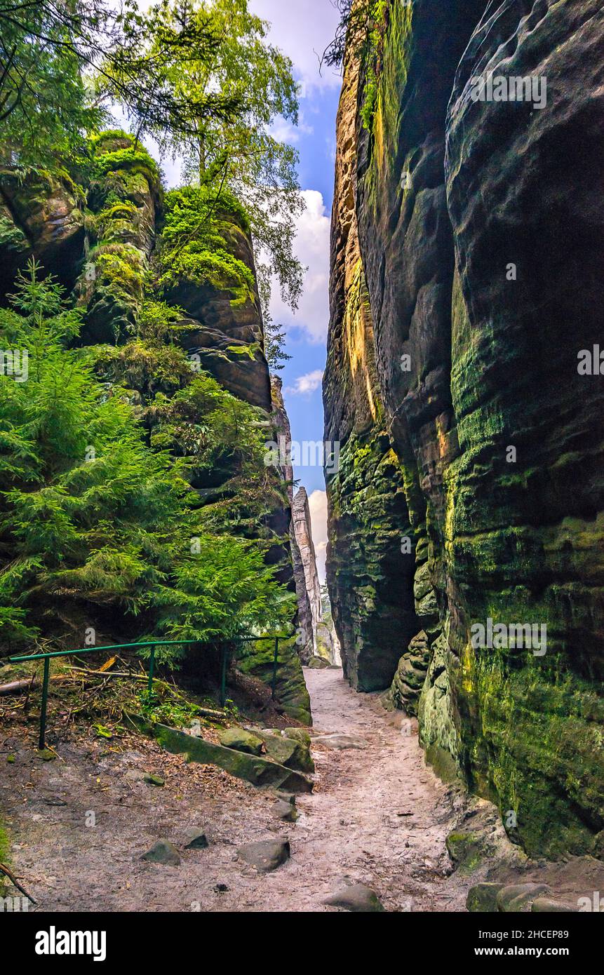 Hiking trail along and among the Prachov Rocks (Prachovske Skaly), Bohemian Paradise (Cesky Raj), Kralovehradecky kraj, Czech Republic. Stock Photo