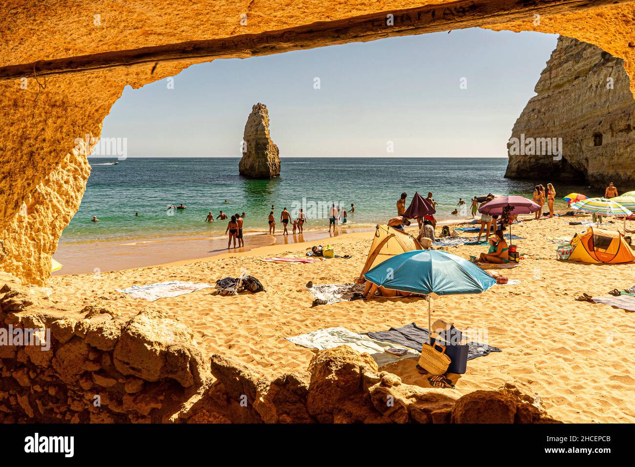 Praia do Carvalho from the cave by the stairs Carvoeiro Portugal Stock Photo