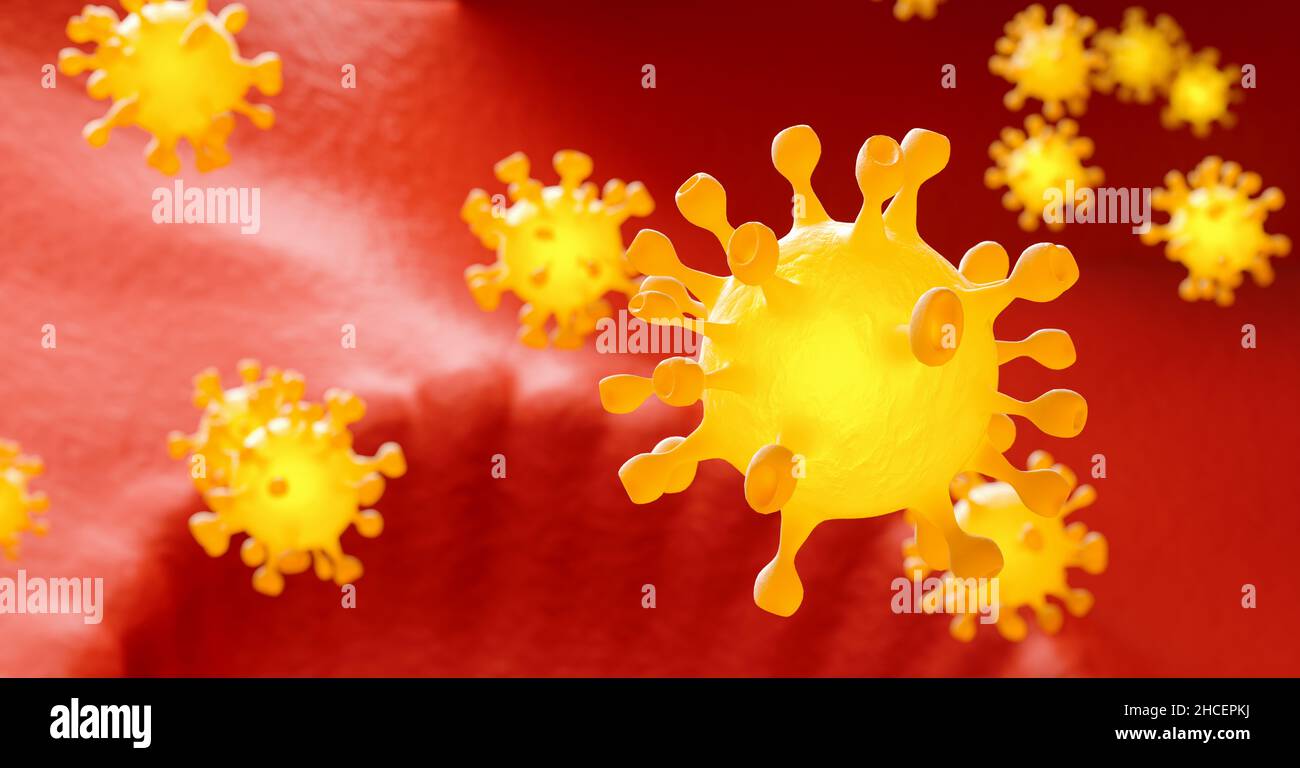 Coronavirus, coronavirus concept resposible for asian flu outbreak and coronaviruses influenza as dangerous flu strain cases as a pandemic. Microscope Stock Photo