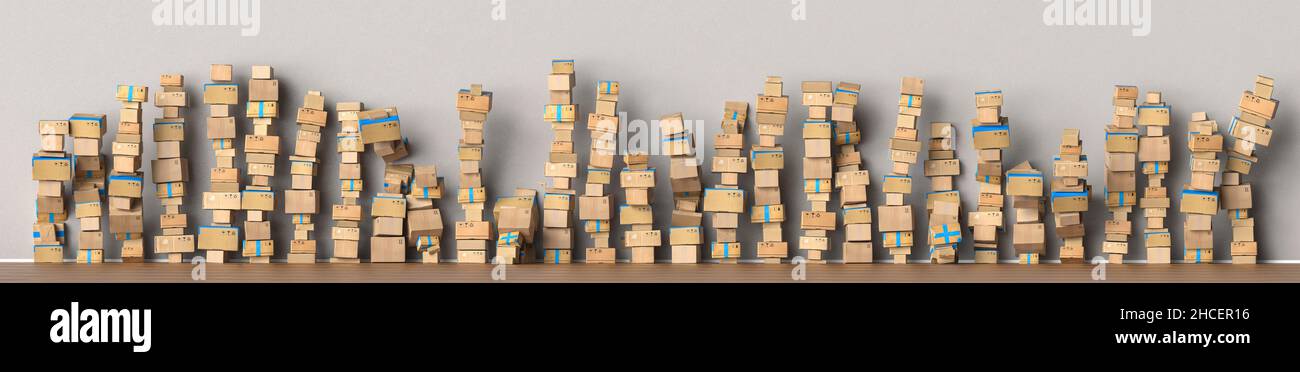 Many packages stacked up as delivery service and shipping concept, as a panorama background header Stock Photo