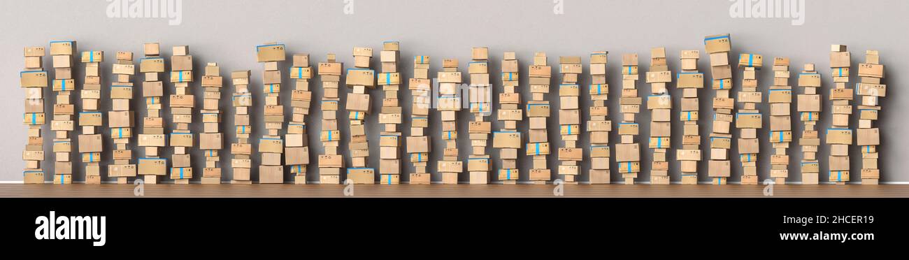 Many packages stacked up as delivery service and shipping concept, as a panorama background header Stock Photo