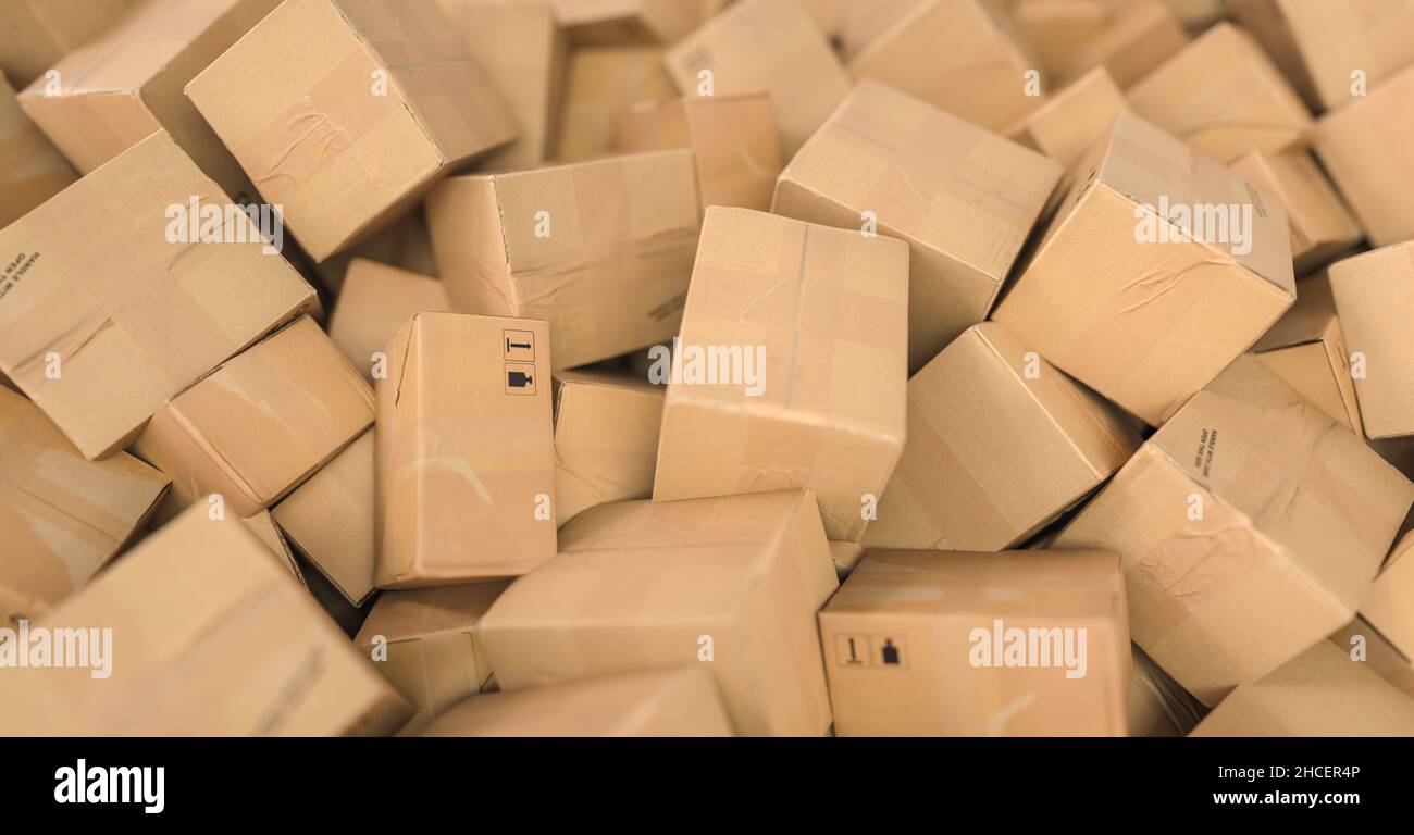 Pile of brown cardboard boxes background header, logistics and delivery concept image Stock Photo