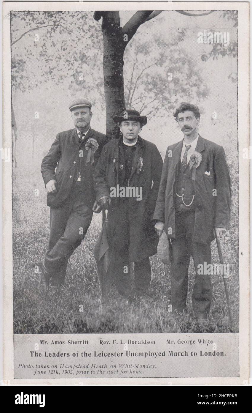 'The leaders of the Leicester unemployed march to London', 1905 - Amos Sherriff, Rev. F.L. Donaldson and George White. On 4 June 1905, 497 unemployed men from Leicester marched to London in protest at high levels of unemployment during the post-Boer War economic slump. This photo was taken on Hampstead Heath on 12 June 1905, before they returned to Leicester Stock Photo