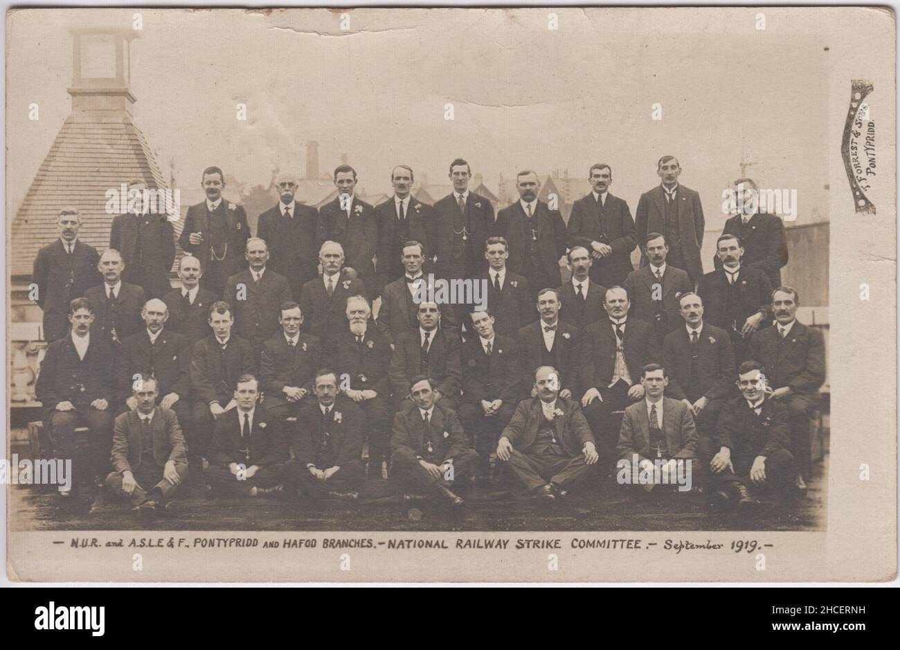National Union of Railwaymen (NUR) & Associated Society of Locomotive Engineers and Firemen (ASLEF) Pontypridd & Hafod branches, National Railway Strike Committee, September 1919. Group of men photographed outside during the 1919 railway strike Stock Photo