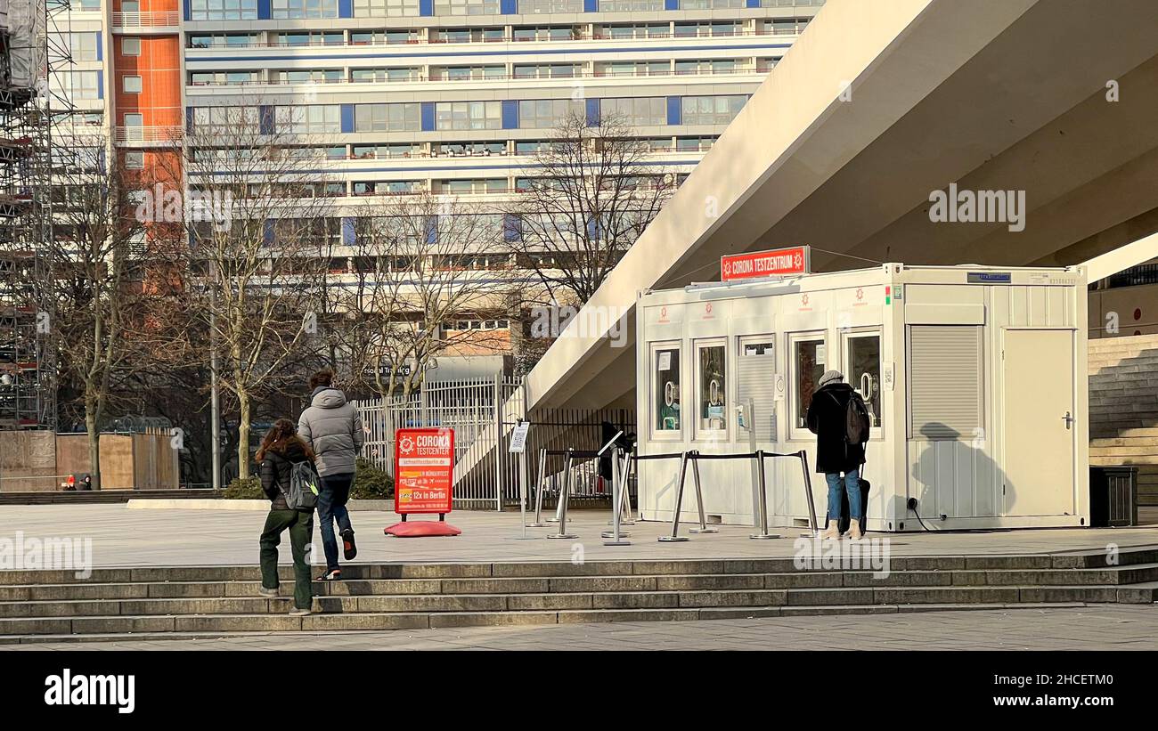 A Corona Test Center at Alexanderplatz to get checked for Covid 19 with a Citizen Test, Antigen Rapid Test or a PCR Test. Stock Photo