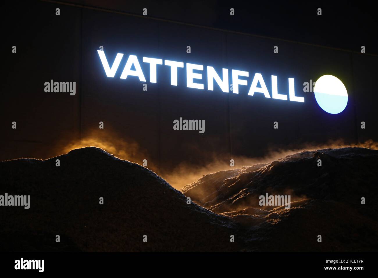 Vattenfall's CHP plant in Motala, Sweden, which runs at high pressure during the cold. The fuel used in Motala primarily consists of biomass sourced from several suppliers in close proximity to the plant. Stock Photo