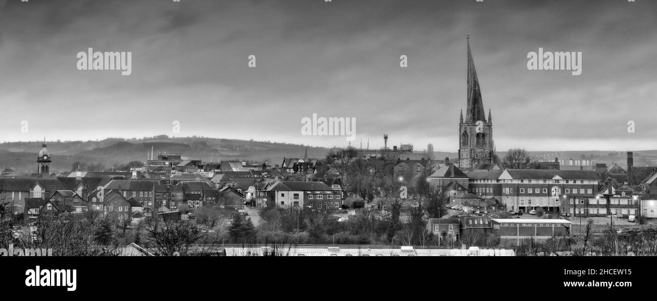 Panorama of Chesterfield, Derbyshire: skyline is dominated by the crooked spire of the church of St Mary and All Saints. Stock Photo