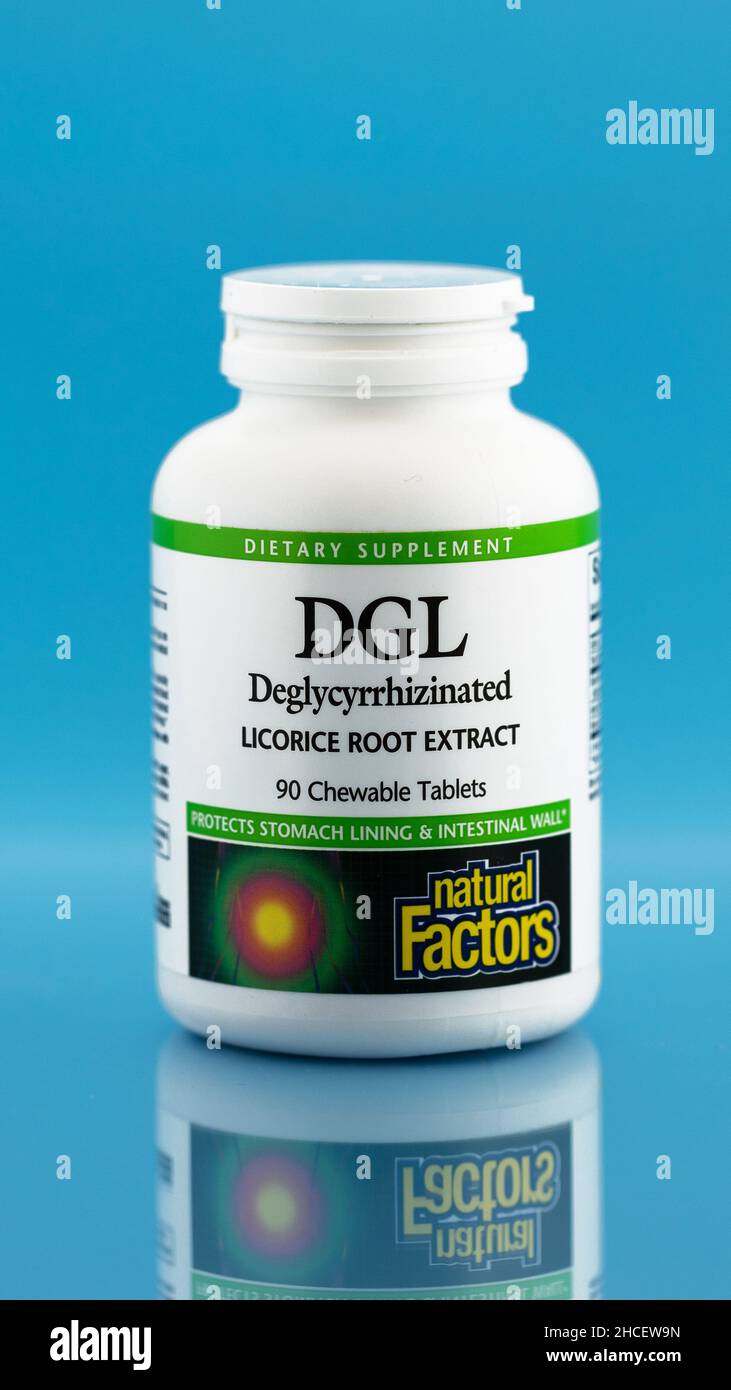 DGL (licorice root extract) chewable tablets in the jar. dietary supplement editorial vertical