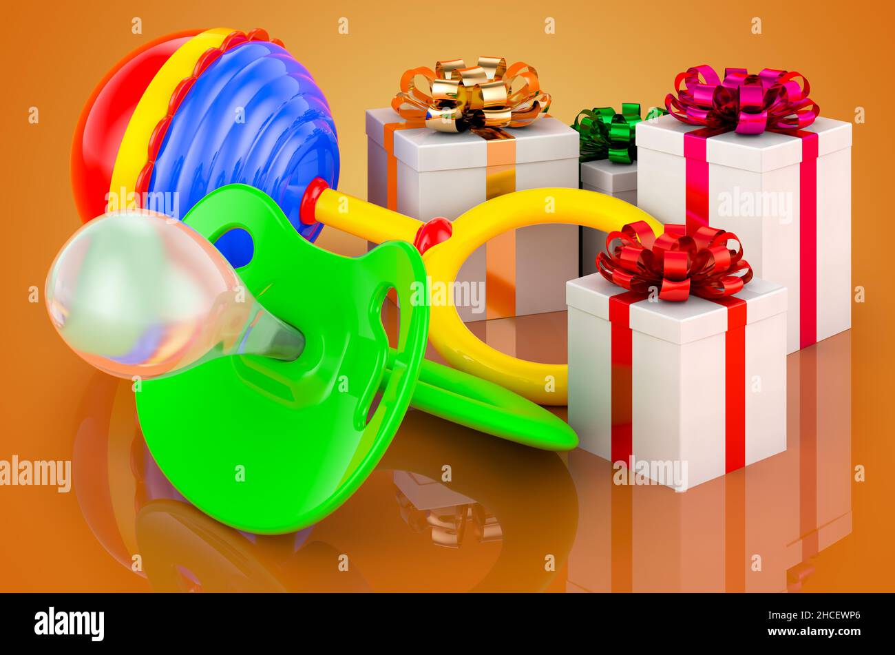 Gifts with baby rattle and pacifier, 3D rendering isolated on orange