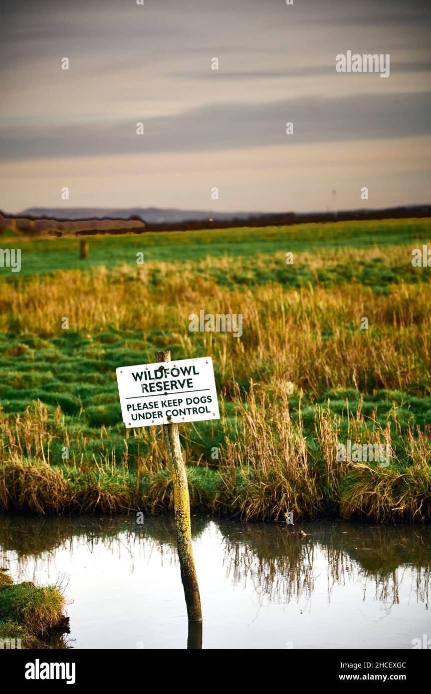 Wildfowl reserve sign in pond on Lytham salt marsh Stock Photo