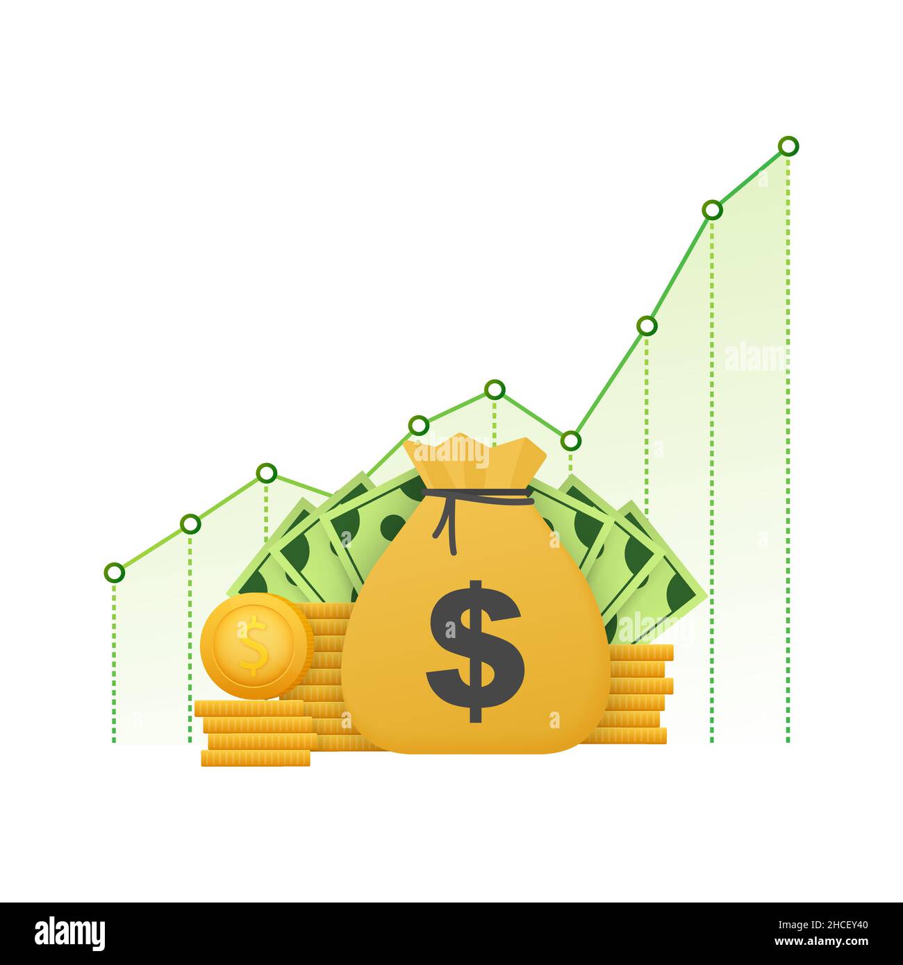 Profit money or budget. Cash and rising graph arrow up, concept of