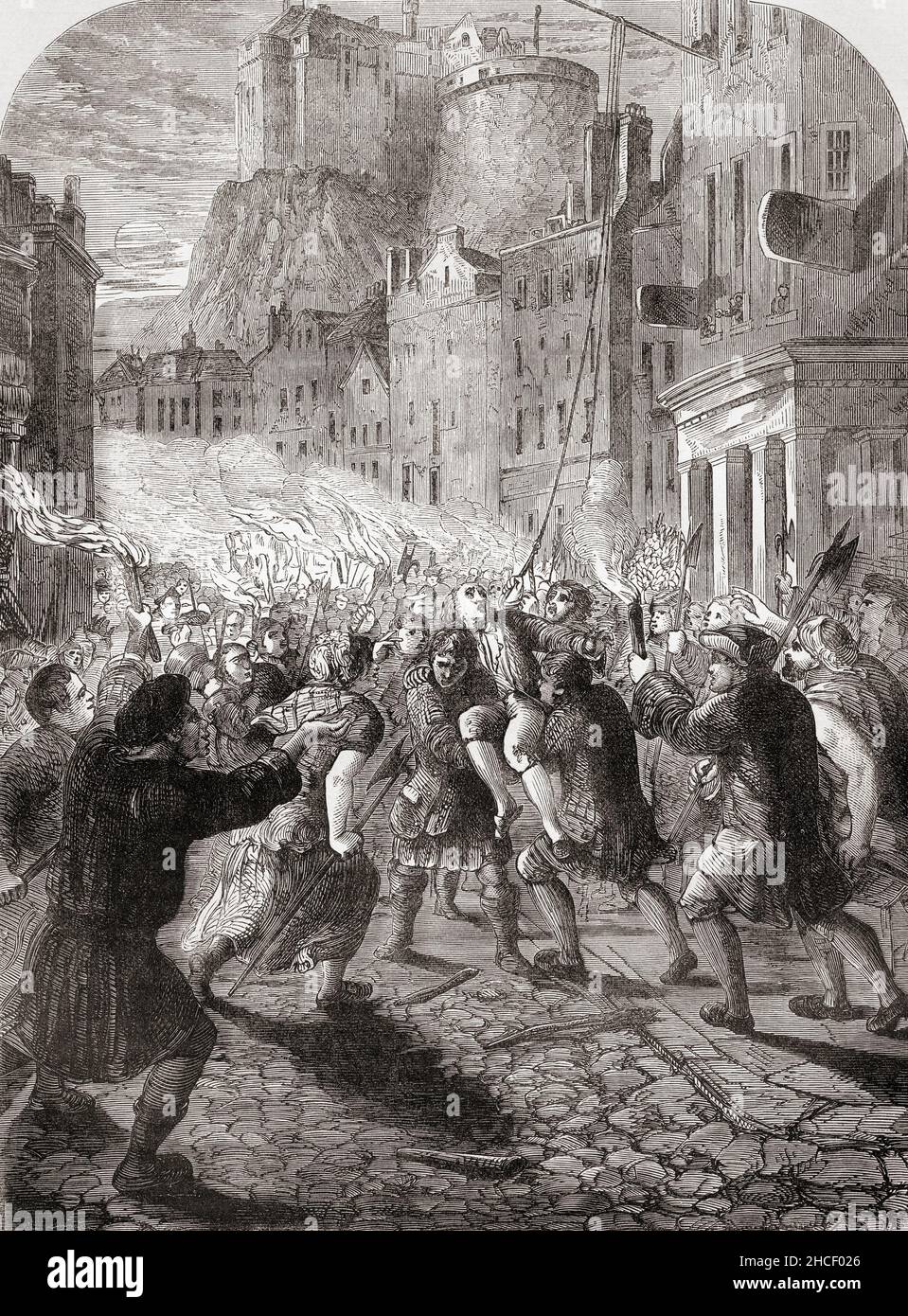 The Edinburgh mob carrying Captain Porteous to execution. Captain John Porteous, c. 1695 – 1736.  Scottish soldier and Captain of the Edinburgh City or Town Guard.  He was lynched by a mob during the Porteous Riots of 1736 for his part in the killing of innocent civilians while ordering the men under his command to quell a disturbance during a public hanging in the Grassmarket.  From Cassell's Illustrated History of England, published c.1890. Stock Photo