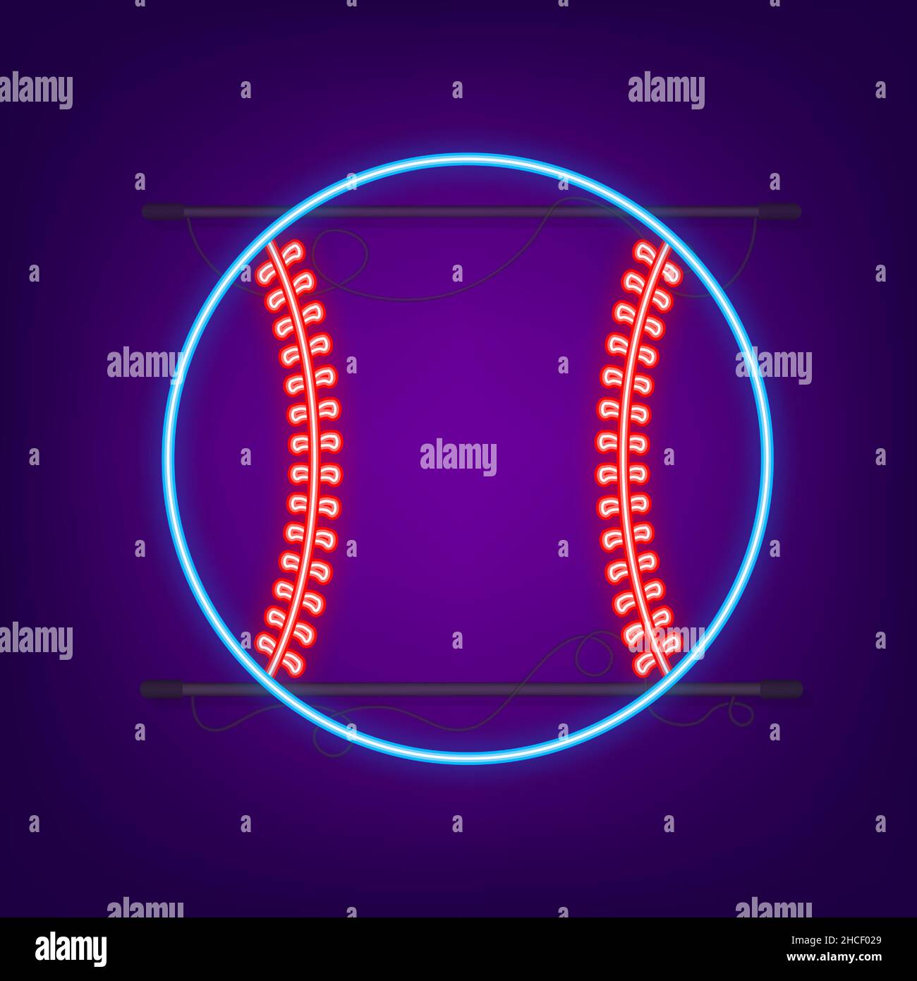 Baseball ball stitches, red lace seam isolated on background. Neon icon. Stock Vector