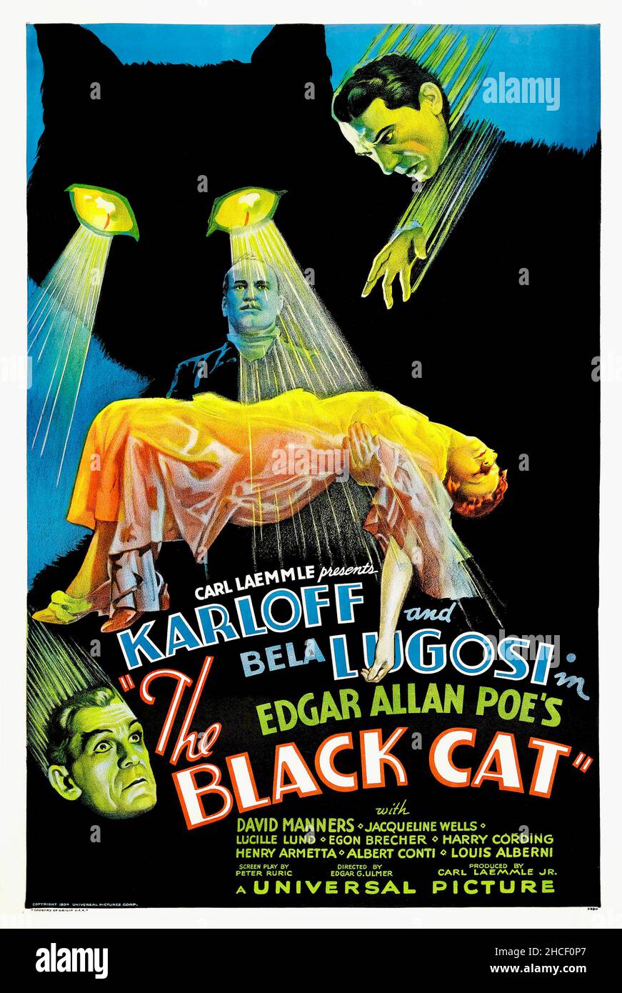 The Black Cat Poster  - Expensive horror film poster starring Boris Karloff and Bela  Lugosi which fetched $286,800 in 2007. Stock Photo