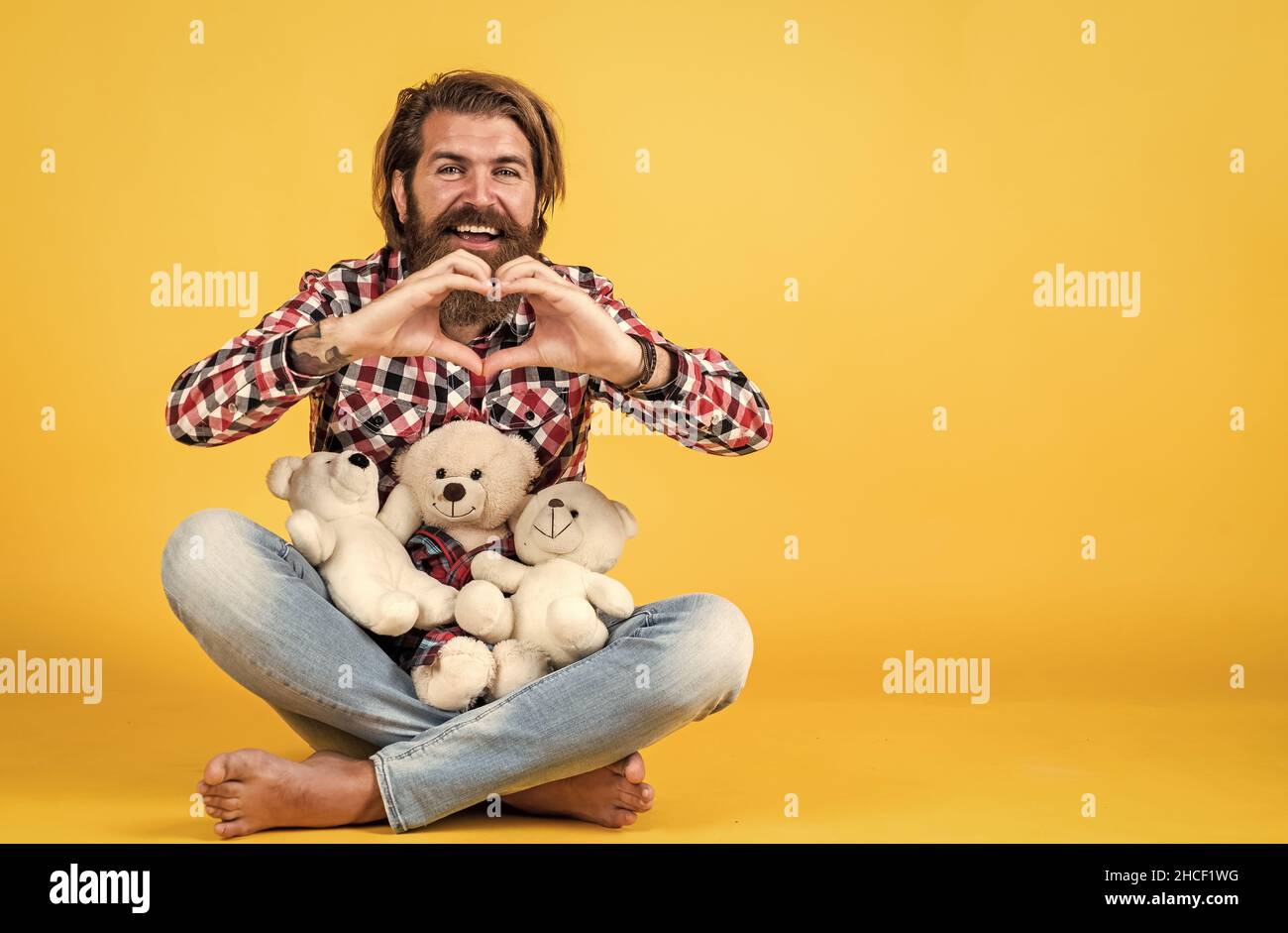 concept of love. Childish mood concept. guy enjoy valentines day. best present ever. Valentines day gift for beloved. Holiday celebration concept. Guy Stock Photo