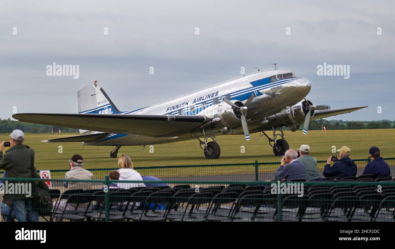 Finnish Airlines DC-3 Dakota at the Daks over Normandy Airshow, Duxford commemorating the 75th anniversary of D-Day on the 4th June 2019 Stock Photo