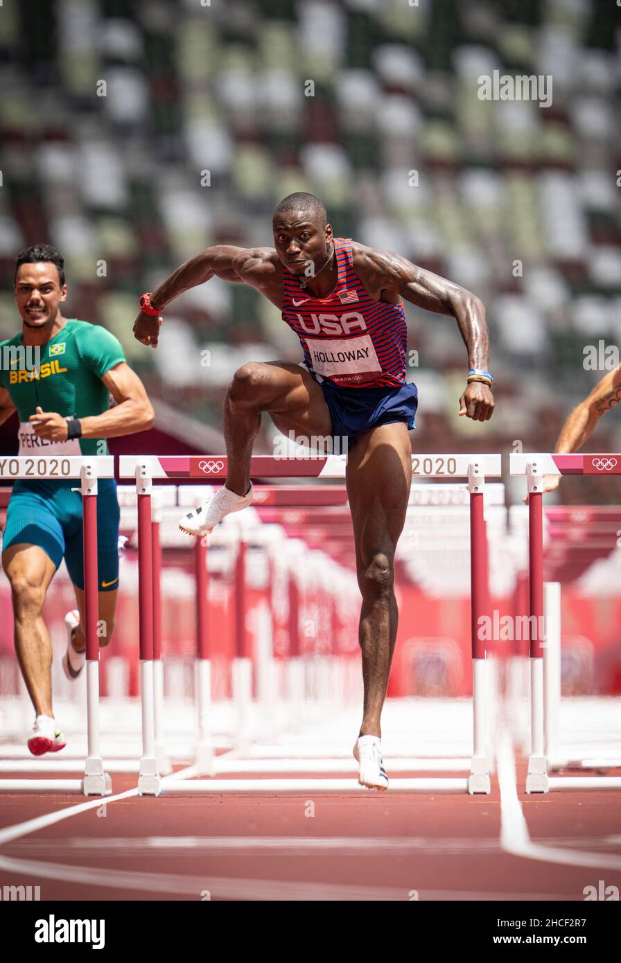 Grant Holloway participating in the 110 meter hurdles at the 2020 Tokyo