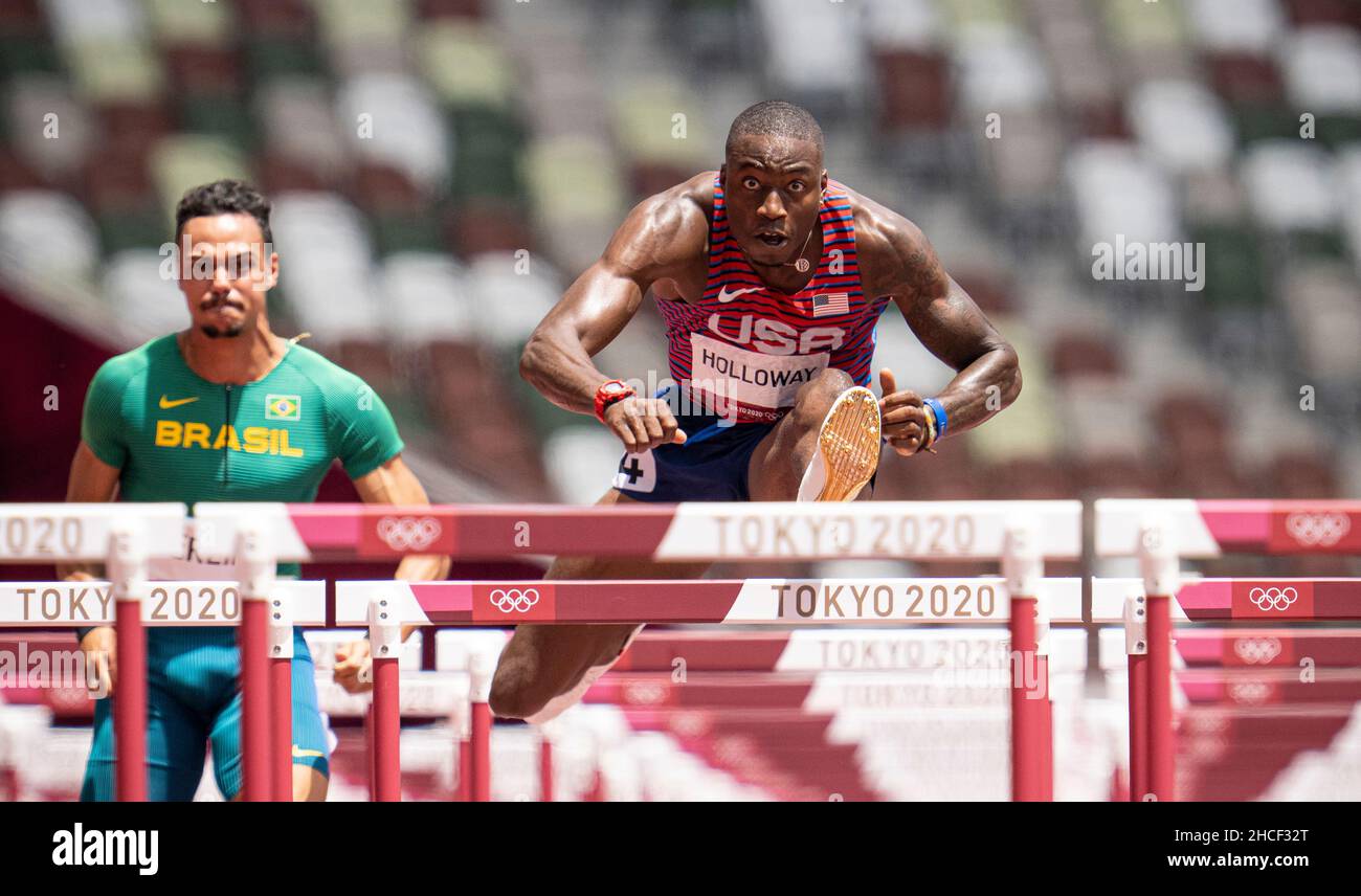 Grant Holloway participating in the 110 meter hurdles at the 2020 Tokyo Olympics Stock Photo Alamy