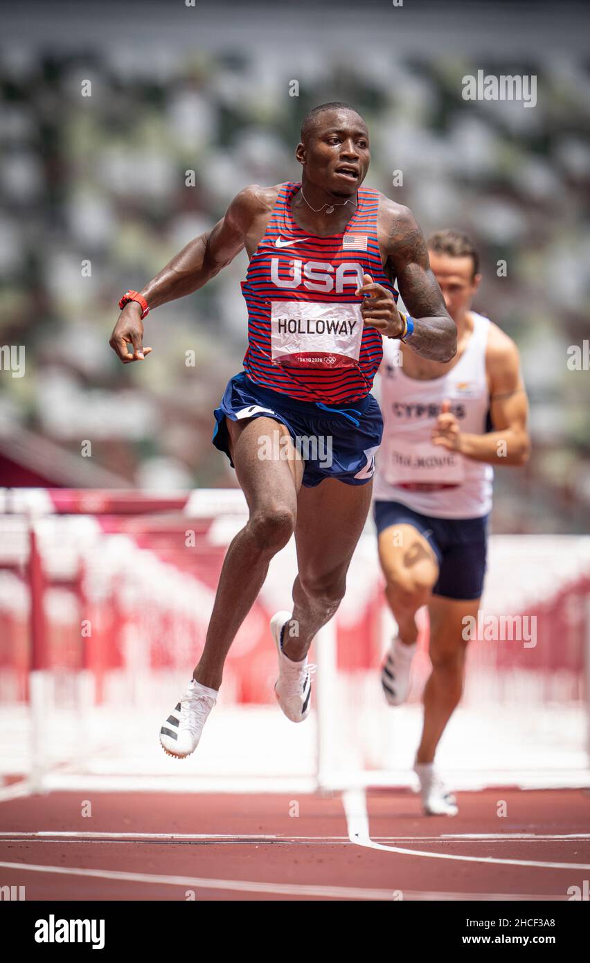 Grant Holloway participating in the 110 meter hurdles at the 2020 Tokyo