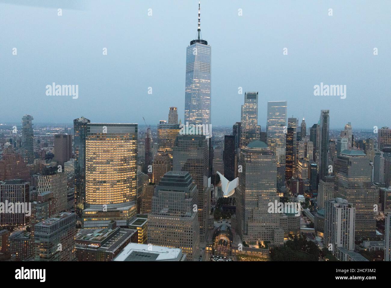 New York City, USA Aerial View of Downtown Manhattan at dusk Stock ...