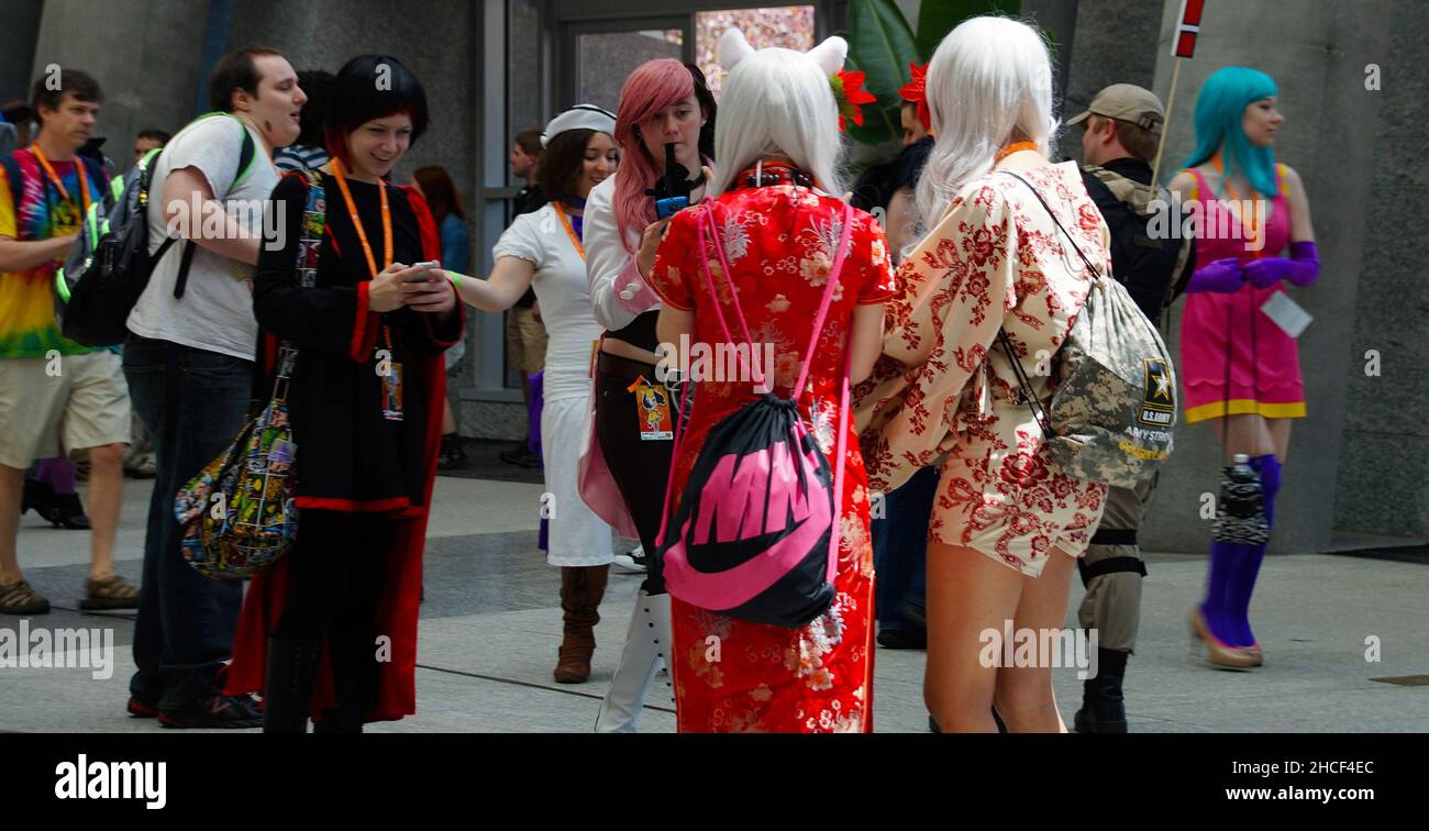 Cosplayers at the front with kimono dresses at Animazment (May 22nd, 2015, at the Raleigh Convention Center, North Carolina) Stock Photo