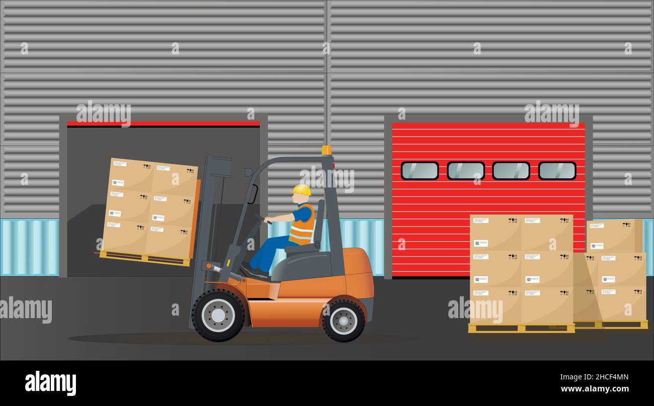 An industrial forklift with a driver transports pallets with crates to