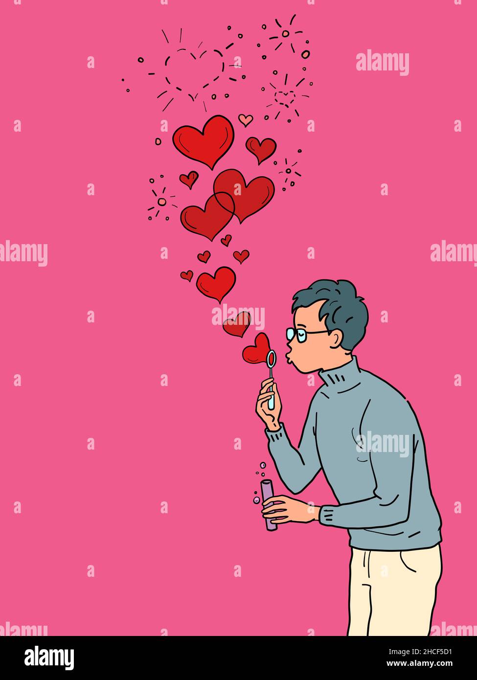 A young man in love blows out red hearts like soap bubbles Stock Vector