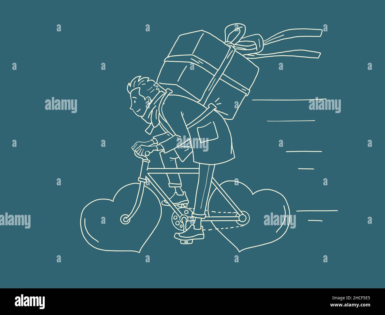 courier food delivery on a wheeled bicycle, Valentines Day. Red heart instead of wheels Stock Vector