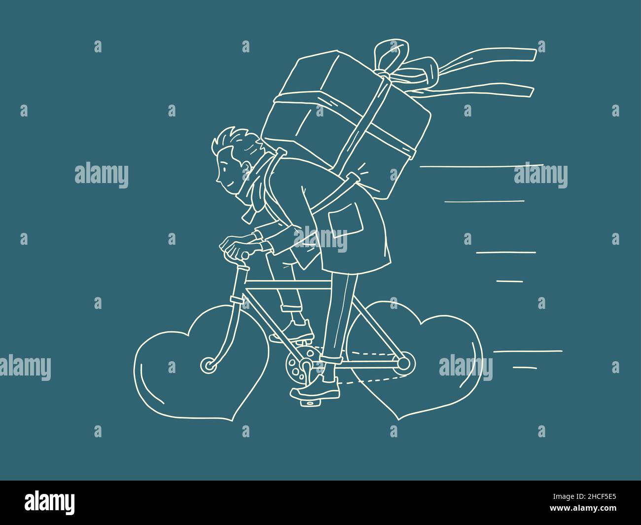 courier food delivery on a wheeled bicycle, Valentines Day. Red heart ...