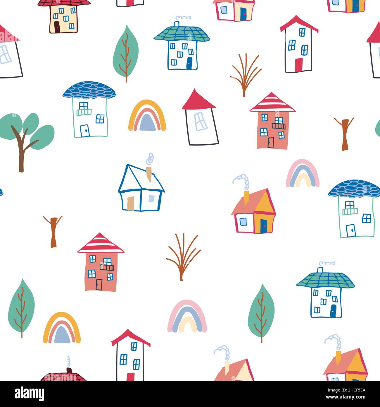 Pattern seamless kids with home doodle coloring element. house pattern, cute colorful homes, funny children decor Stock Vector