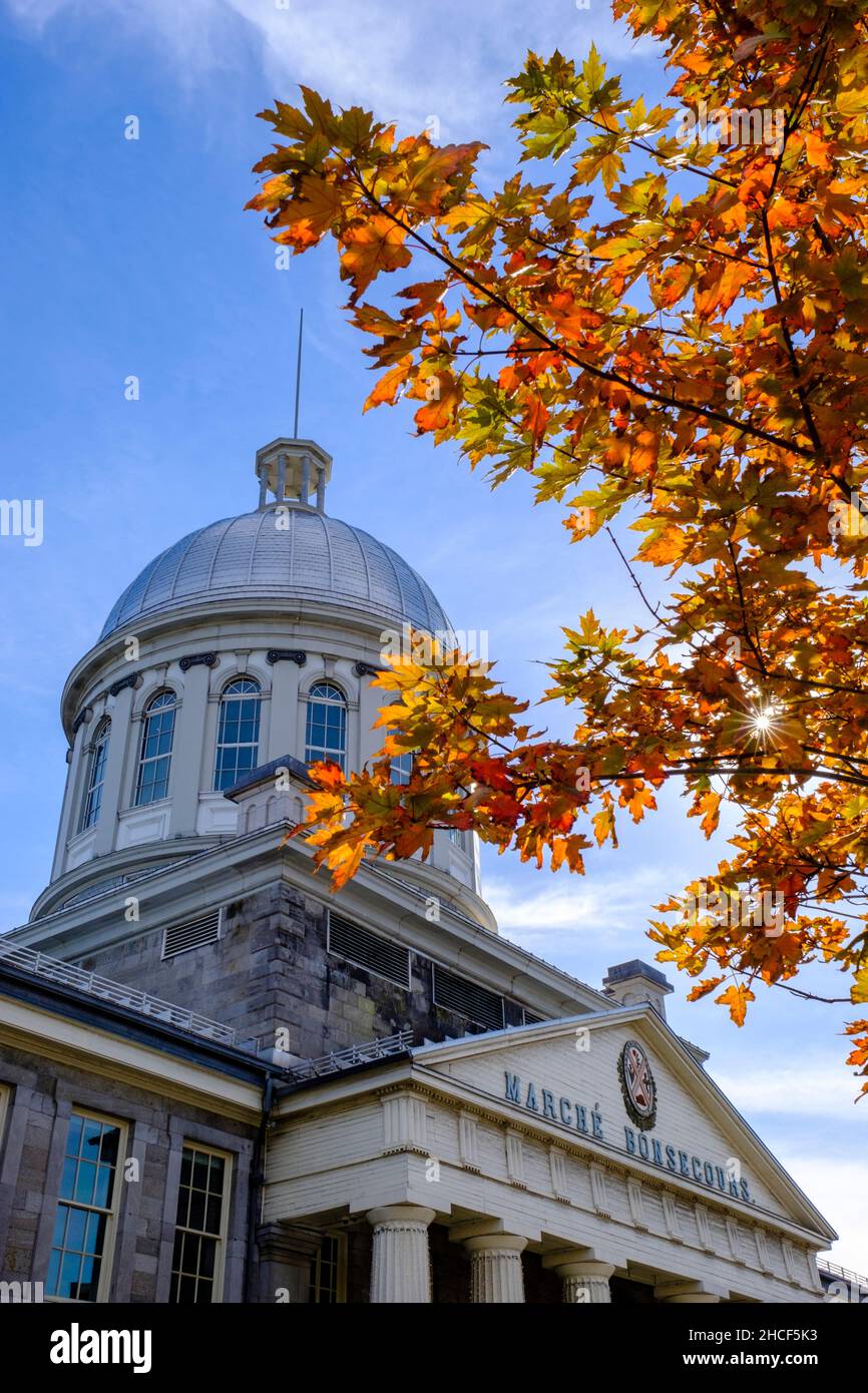Dome and facade of Marché Bonsecours, Bonsecours Market, National Historic Site of Canada in the Fall, Vieux Montreal, Quebec, Canada Stock Photo