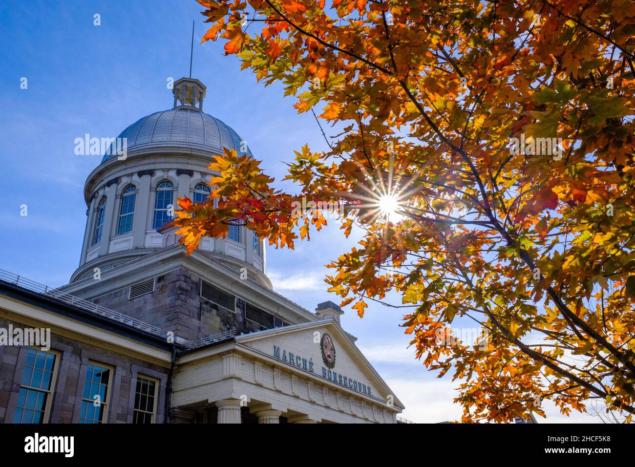 Dome and facade of Marché Bonsecours, Bonsecours Market, National Historic Site of Canada in the Fall, Vieux Montreal, Quebec, Canada Stock Photo