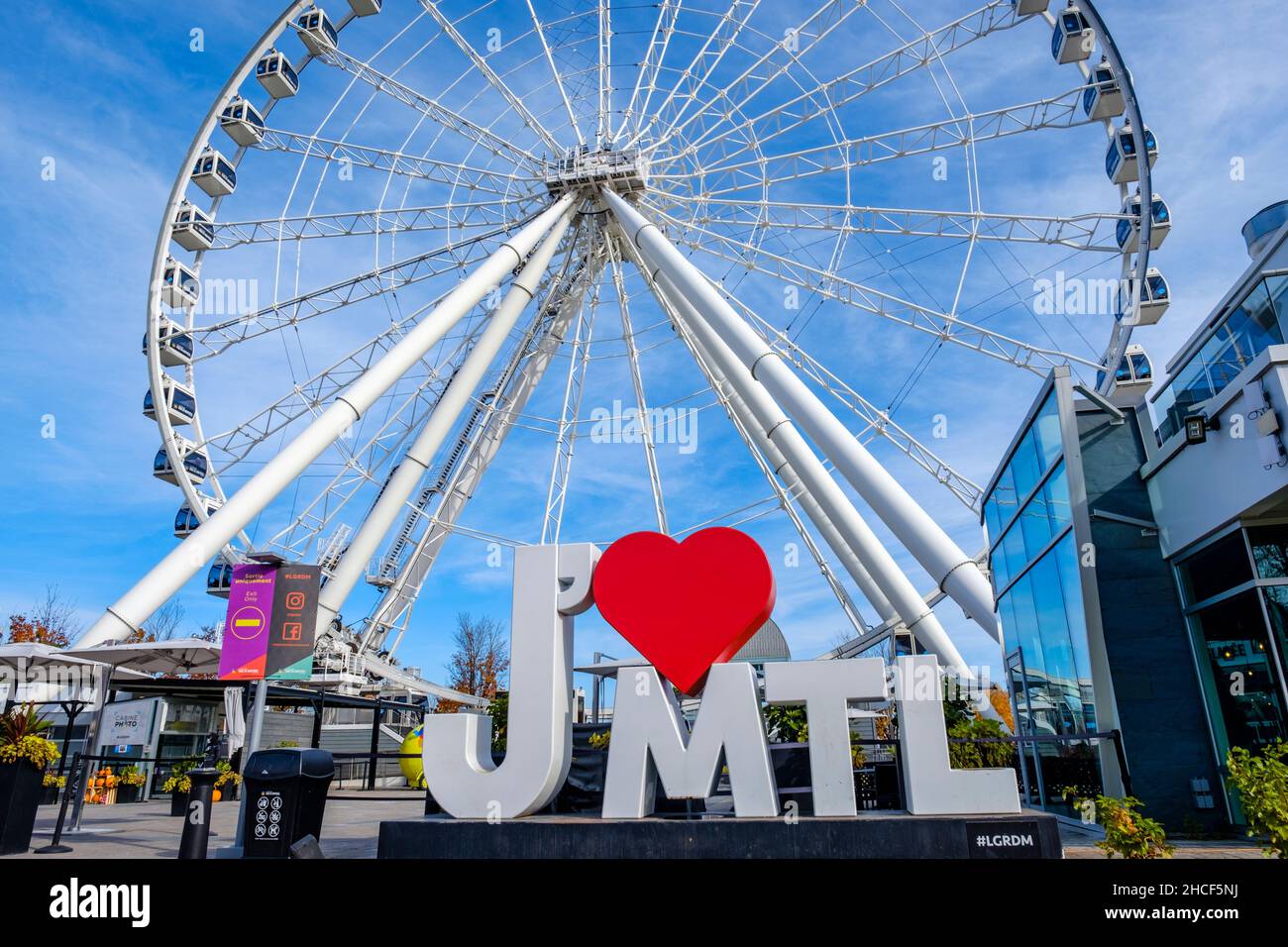 J'aime Montreal sign, I Love Montreal, sign, La Grande Roue de Montreal, Old Port, Montreal, Quebec, Canada Stock Photo