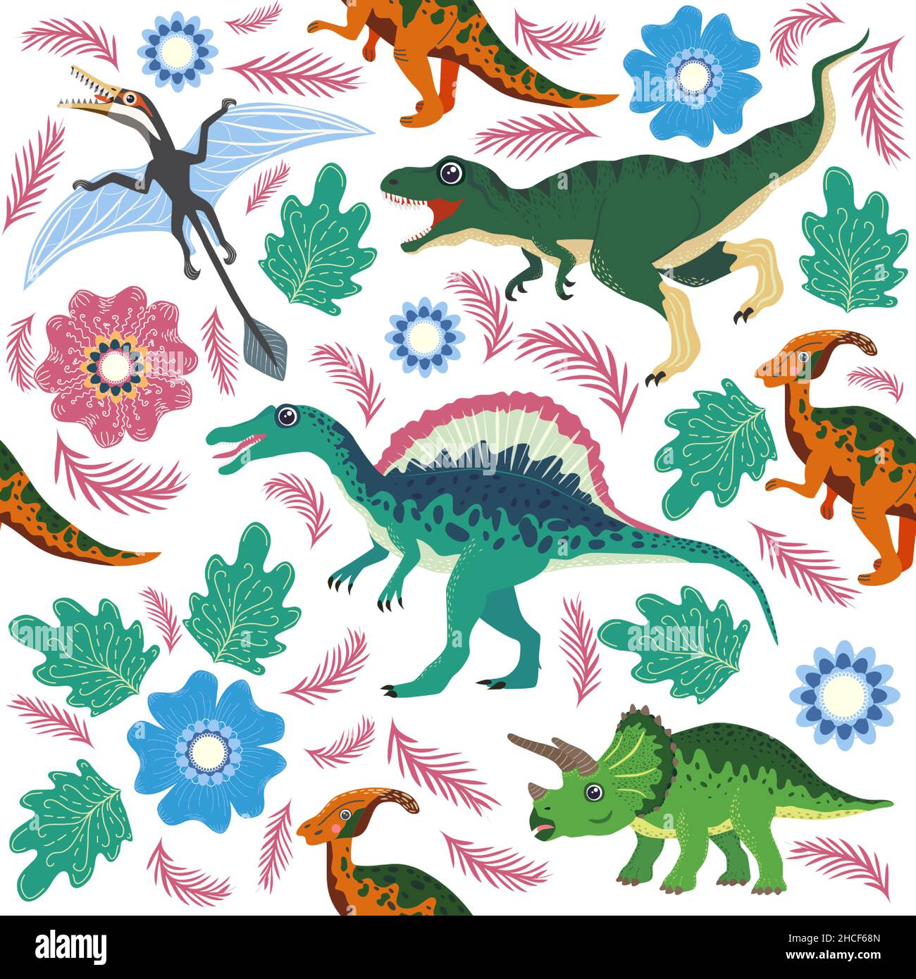 Hand drawn seamless pattern with dinosaurs and tropical leaves and ...