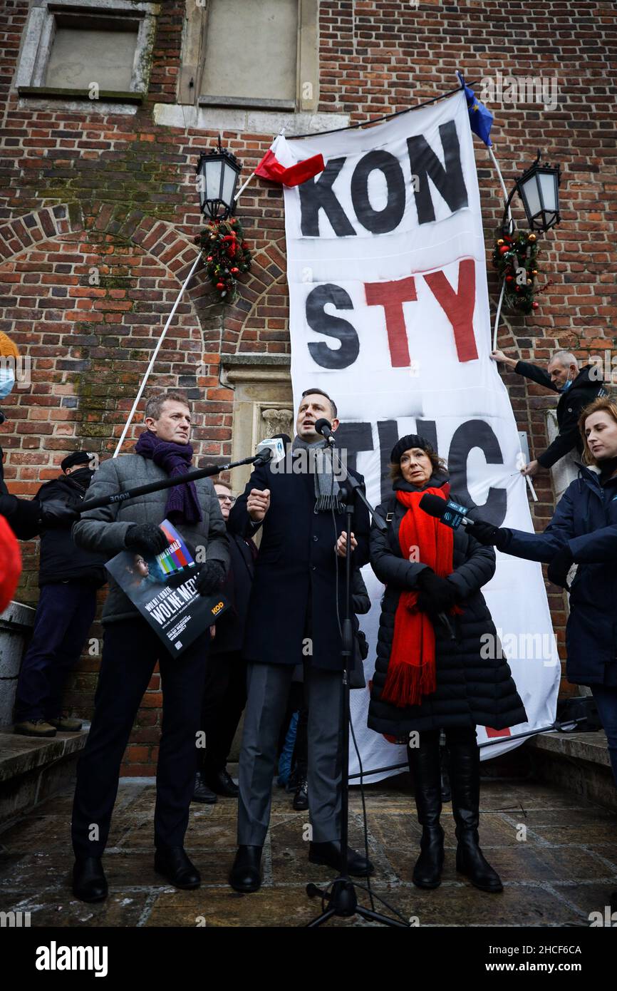 MP Wladyslaw Kosiniak-Kamysz, leader of opposition agrarian party PSL speaks during the protest.  Poland's parliament recently passed a controversial Stock Photo