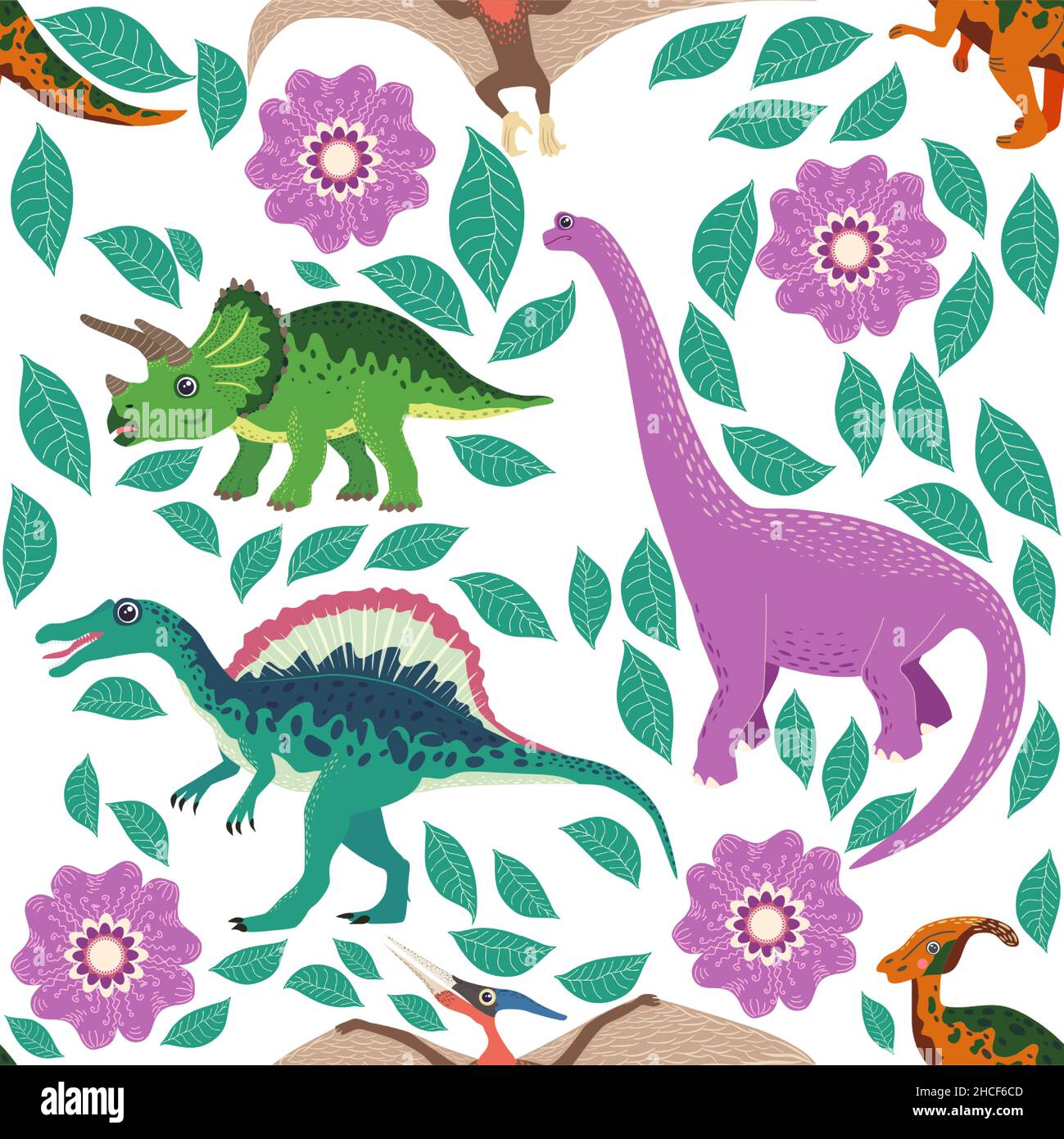 Hand drawn seamless pattern with dinosaurs and tropical leaves and ...