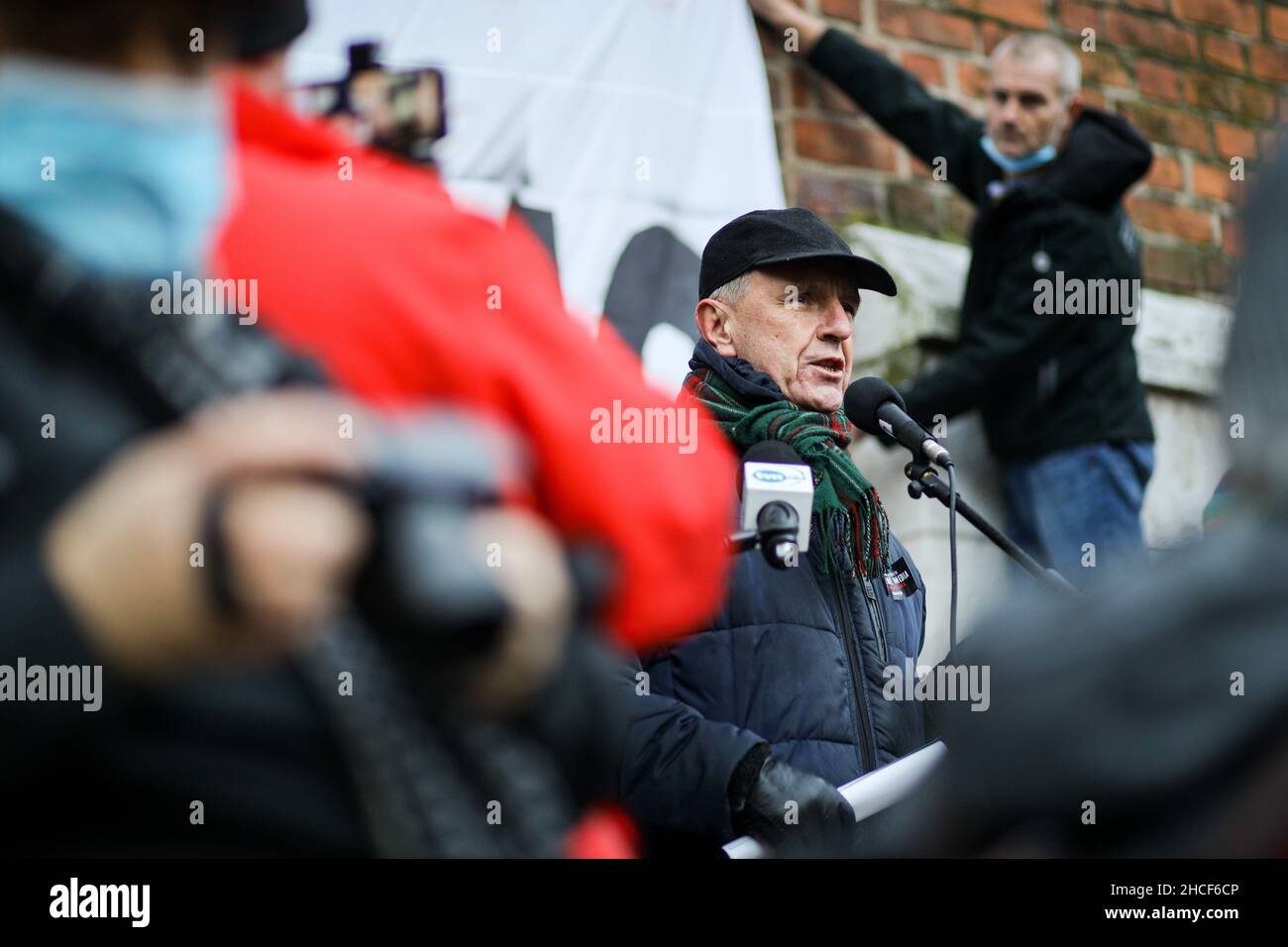 Opposition MP Bogdan Klich and ex minister of defense speaks during the protest.  Poland's parliament recently passed a controversial law that would p Stock Photo