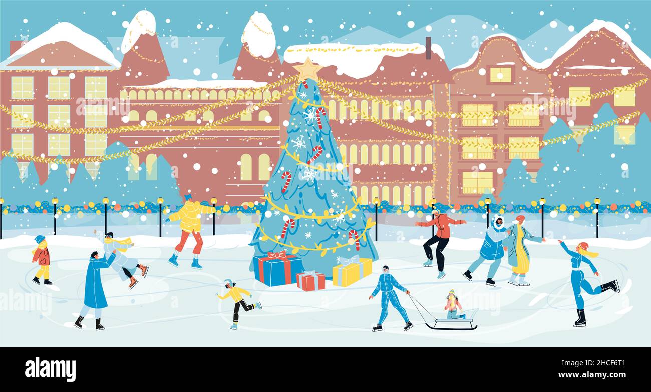 Happy people skating on christmas city ice rink Stock Vector