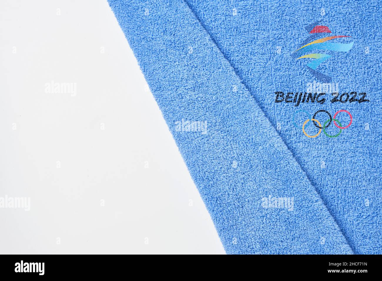 14 December 2021 - Los Angeles, USA: Beijing 2022 Winter Olympic Games and towel. International sport event. Winter Olympics 2022 in Beijing, China Stock Photo
