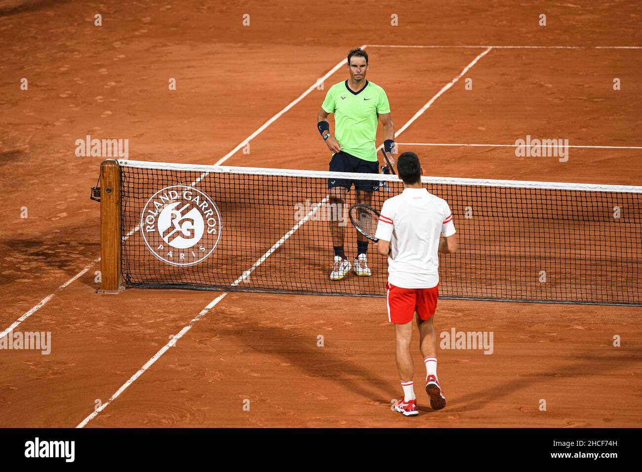 Novak Djokovic and Rafael Nadal during the semi-final of the Roland-Garros 2021, Grand Slam tennis tournament on June 11, 2021. Stock Photo