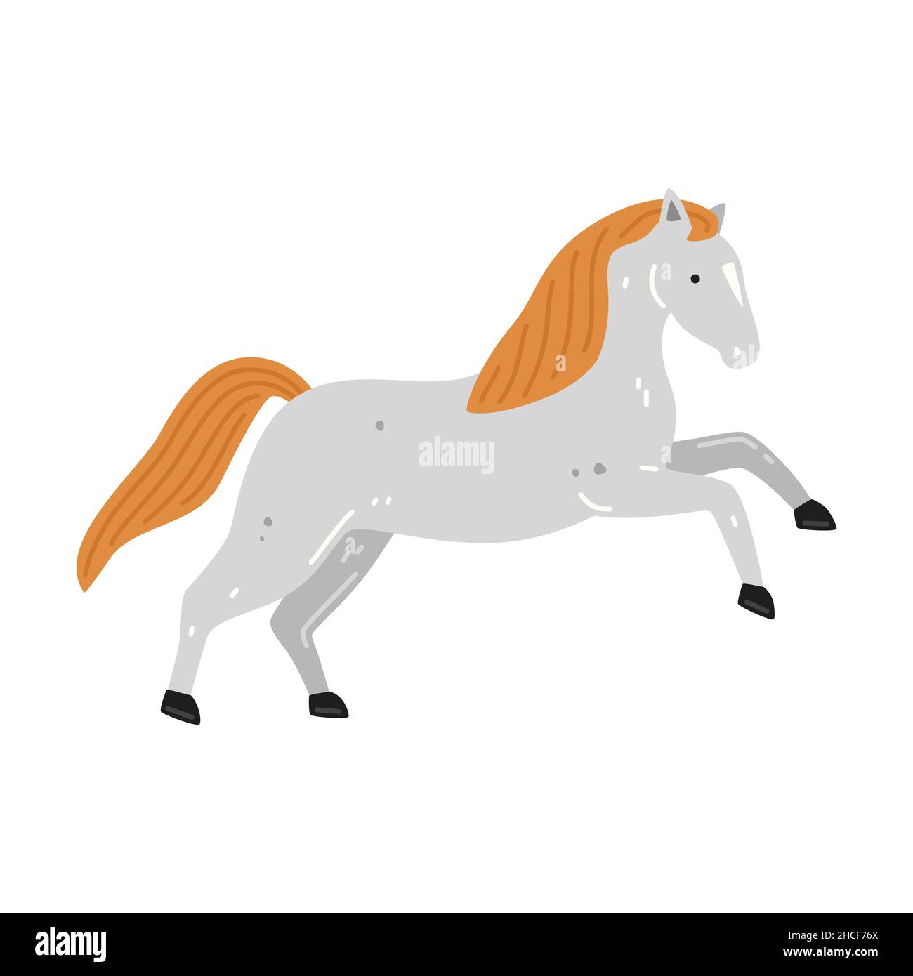 Cute light grey horse with red mane. Vector flat illustration Stock Vector