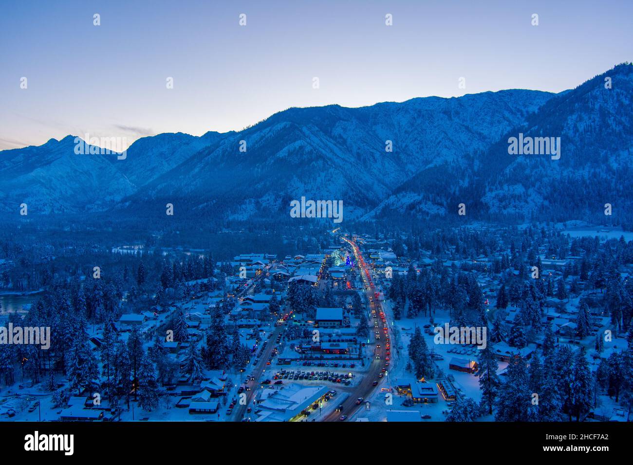 Aerial view of Leavenworth, Washington at sunset in December of 2021