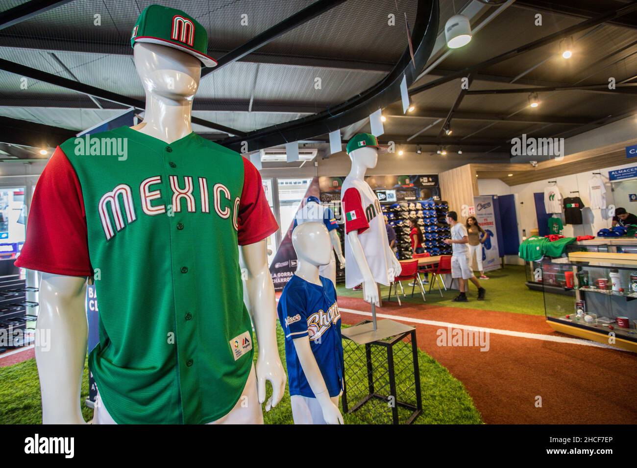 Mexico cap and jersey in official Souvenir store Mexico caps and jerseys  for sale, boutique Aspects prior to the World Baseball Classic to be held  at the Charros de Jalisco stadium in