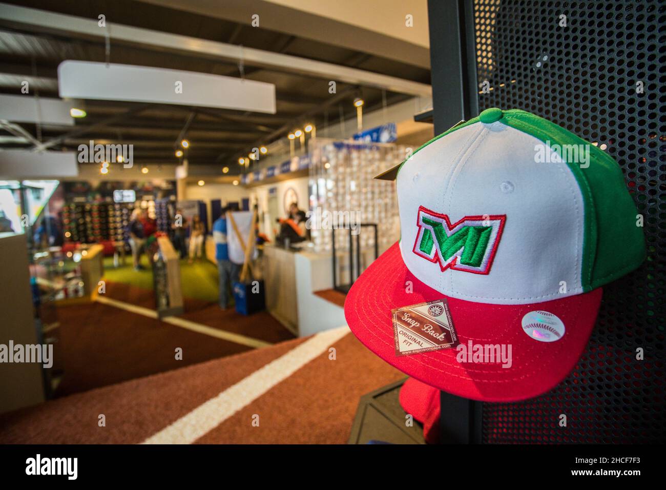 Mexico cap and jersey in official Souvenir store Mexico caps and jerseys  for sale, boutique Aspects prior to the World Baseball Classic to be held  at the Charros de Jalisco stadium in