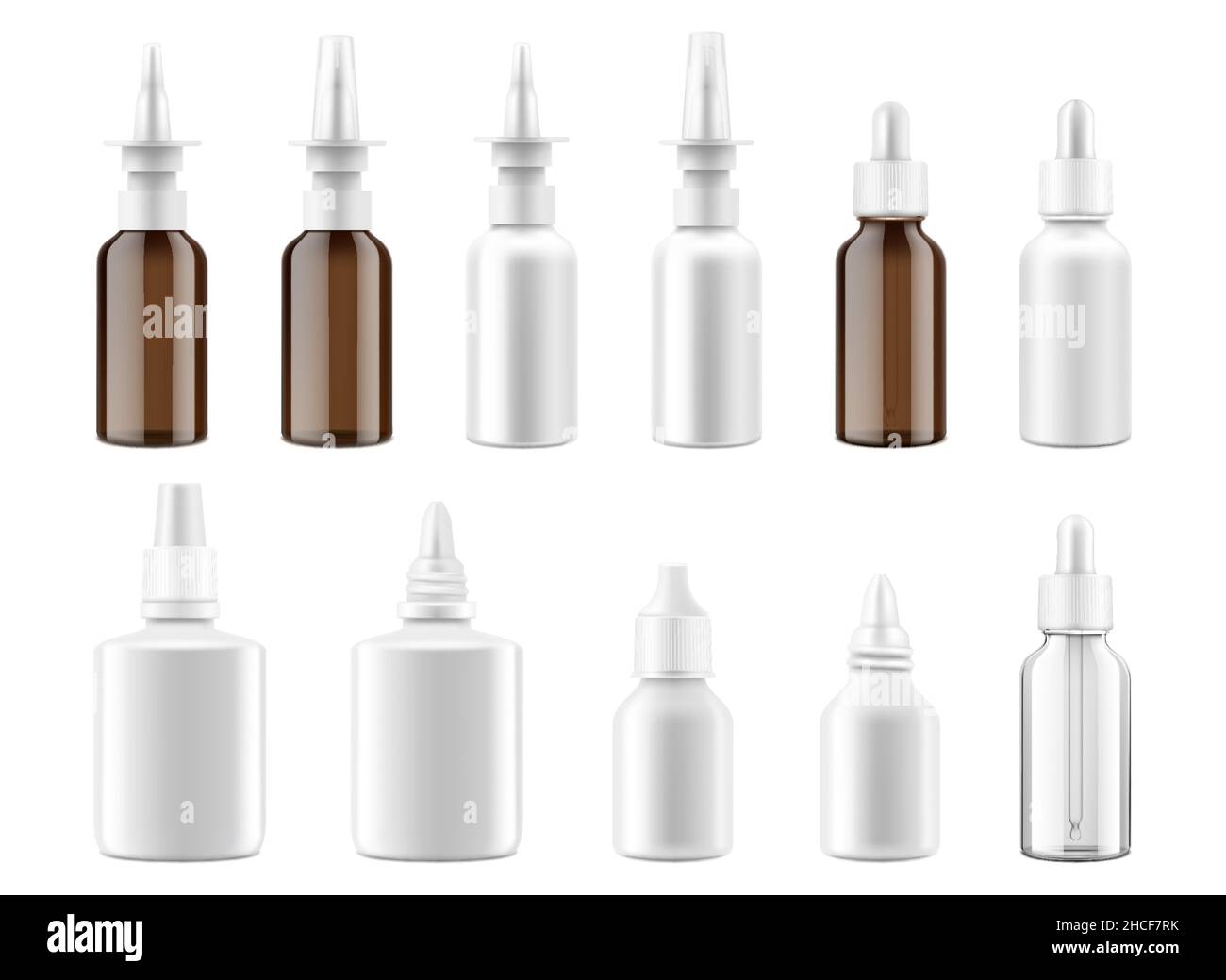 Dropper and spray bottles mockup set. 3d Realistic medical containers