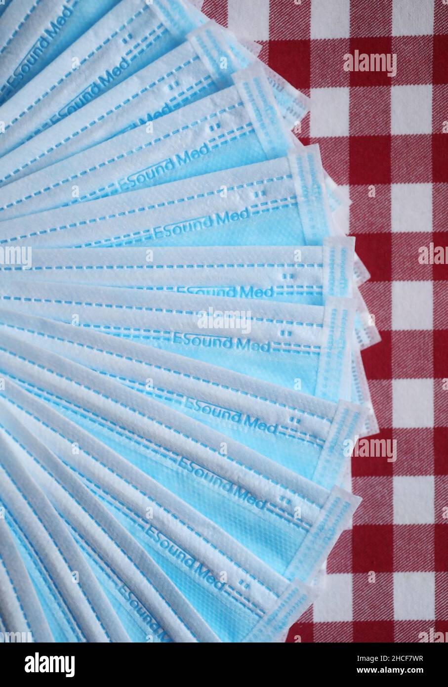 Esound Med face mask, photographed on a kitchen table in a Swedish home