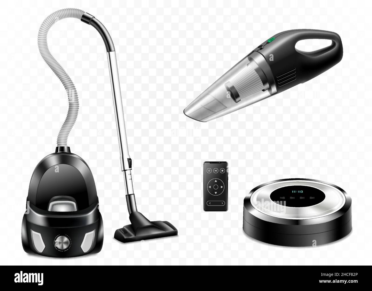 Set of realistic vacuum cleaners of various types isolated on white