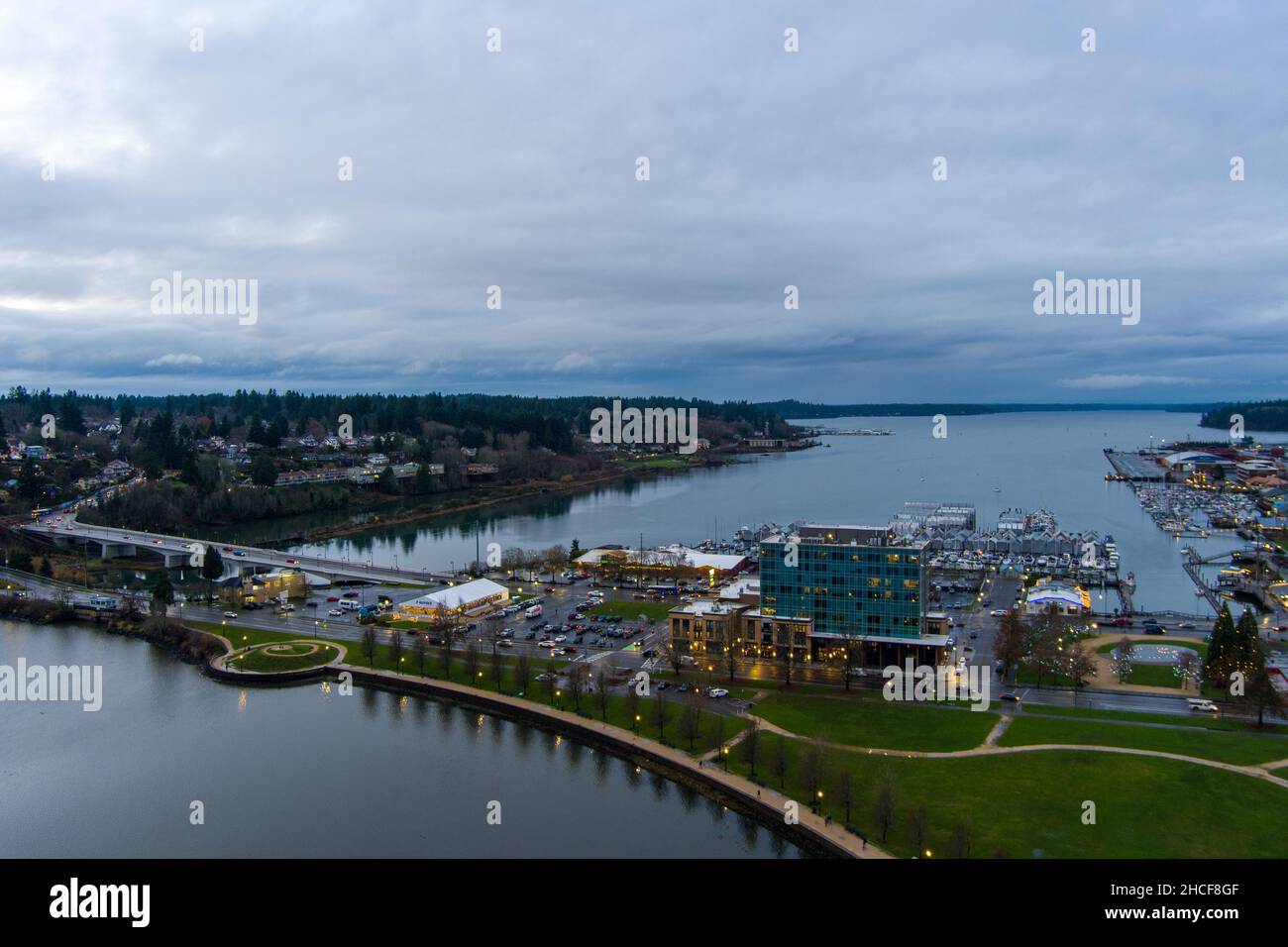 The Olympia, Washington waterfront at sunset in December of 2021 Stock