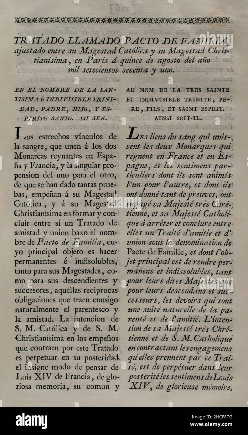 Treaty of Paris (III Family Compact). Treaty between King Charles III of Spain and King Louis XVI of France, signed in Paris on 15 August 1761. It meant Spain's involvement in the final phase of the Seven Years' War (1756-1763), with the purpose of recovering Minorca and Gibraltar, supporting France against England. Collection of the Treaties of Peace, Alliance, Commerce adjusted by the Crown of Spain with the Foreign Powers (Colección de los Tratados de Paz, Alianza, Comercio ajustados por la Corona de España con las Potencias Extranjeras). Volume III. Madrid, 1801. Historical Military Librar Stock Photo